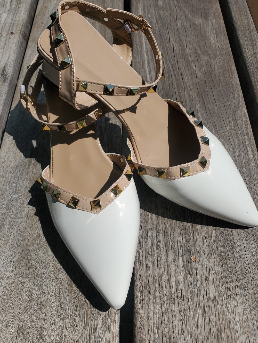 Studded Pointed-Toe Ankle-Strap Low Heel - White/Nude Shoes Size 7